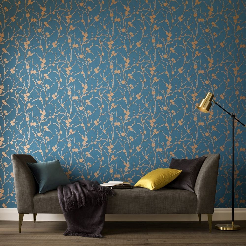 Meiying Wallpaper 103522 by Graham & Brown in Teal Blue